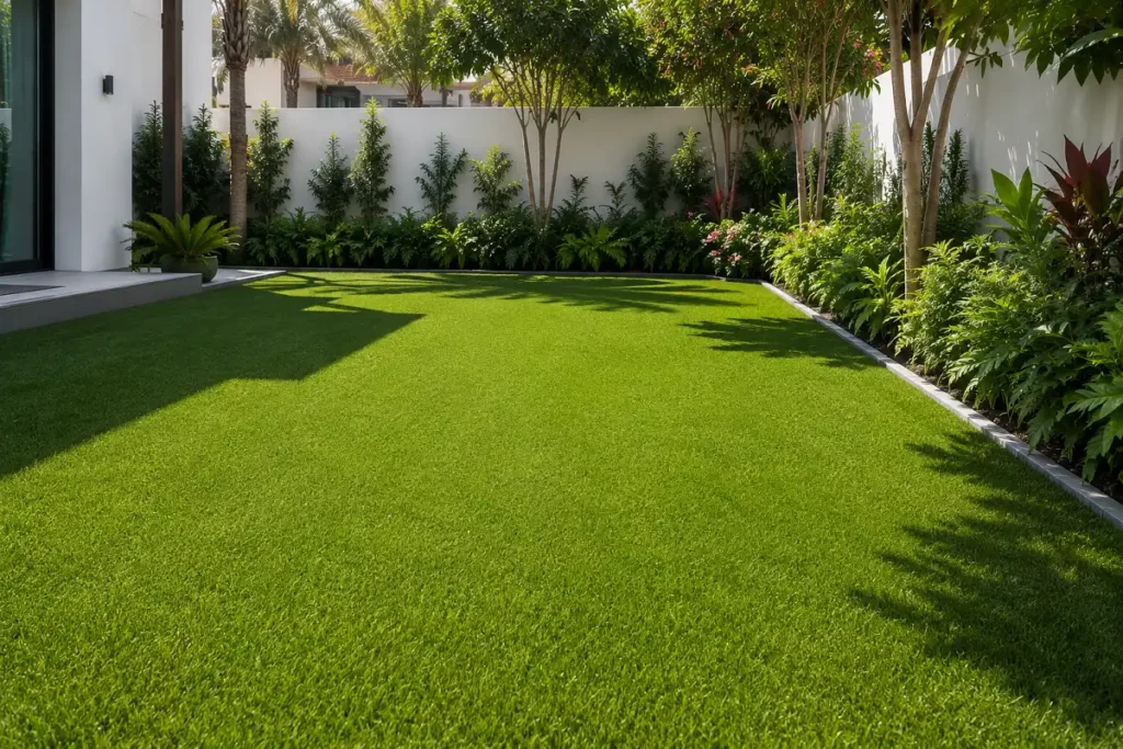 A lush green artificial-grass lawn in a UAE villa garden with borders and planting