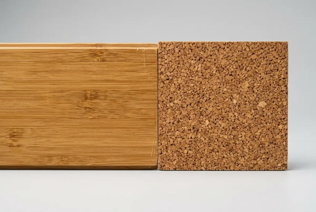 A linear-grained bamboo plank beside a granular cork tile, side by side