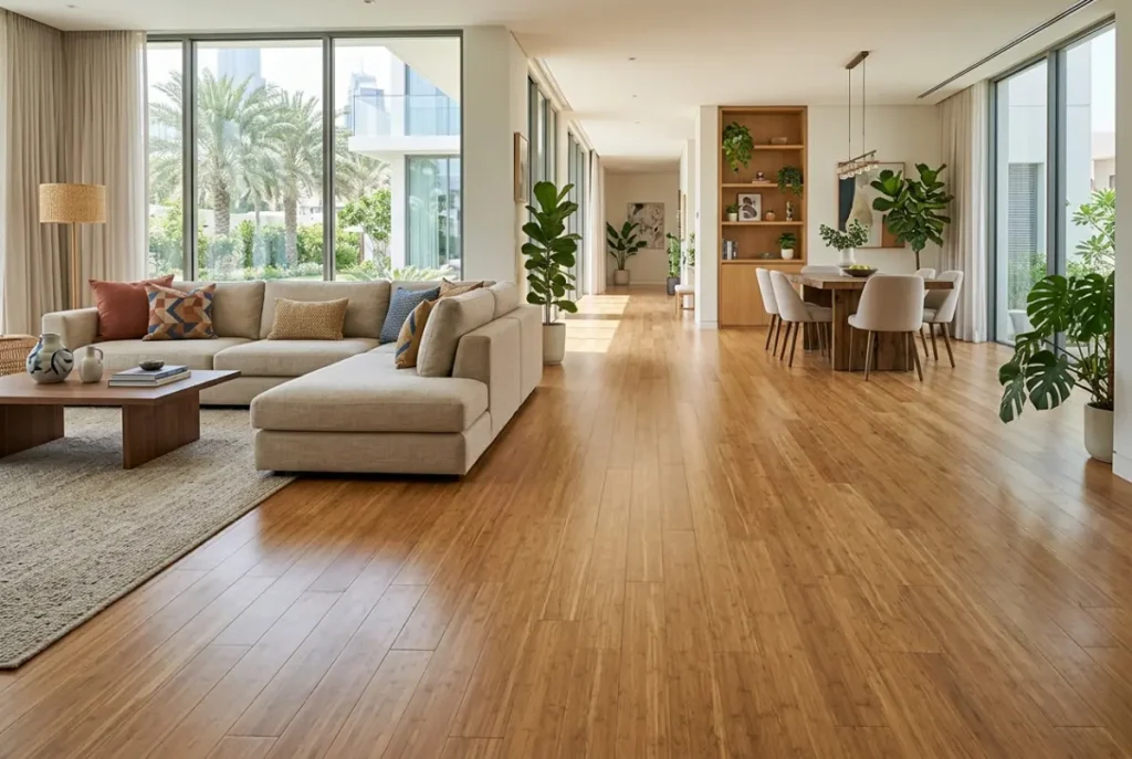 Hard-wearing bamboo floor in a busy open-plan UAE living and hallway area