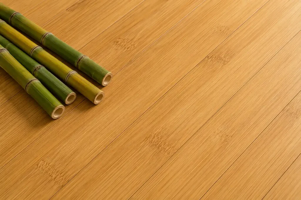 Bamboo floor with its linear grain beside a few natural bamboo stalks