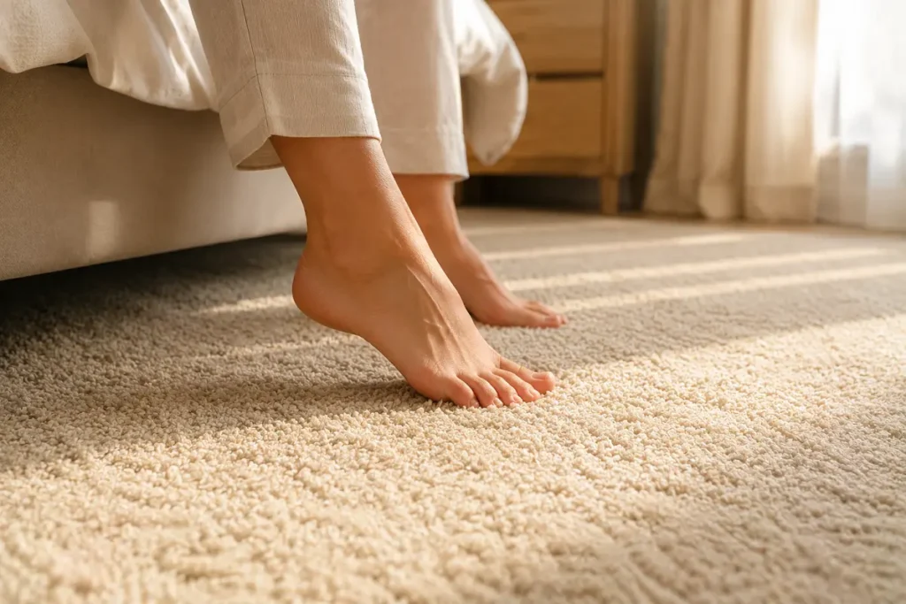 Bare feet stepping onto soft, plush carpet beside a bed in a warm bedroom