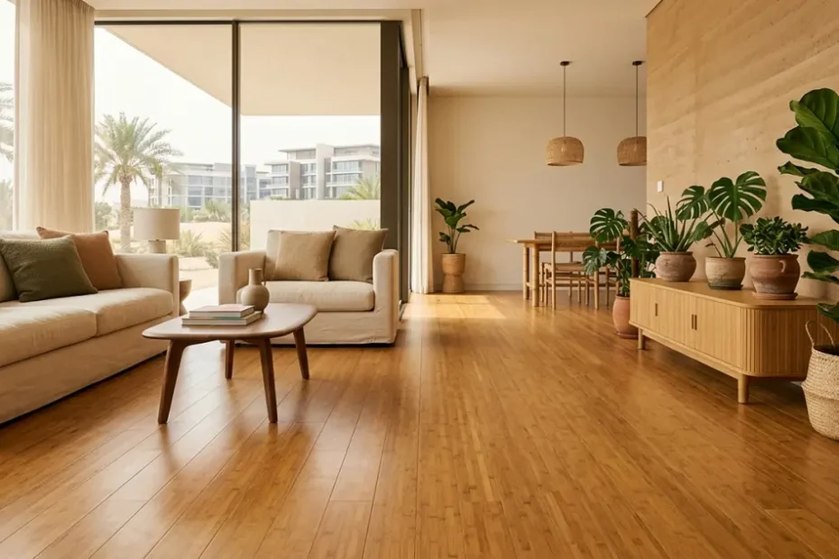 Natural eco flooring in a warm, light-filled modern UAE living space