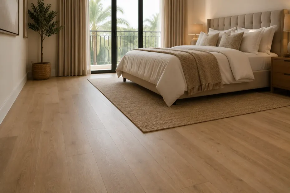 A cosy, calm UAE bedroom with a warm, soft floor and soft natural light