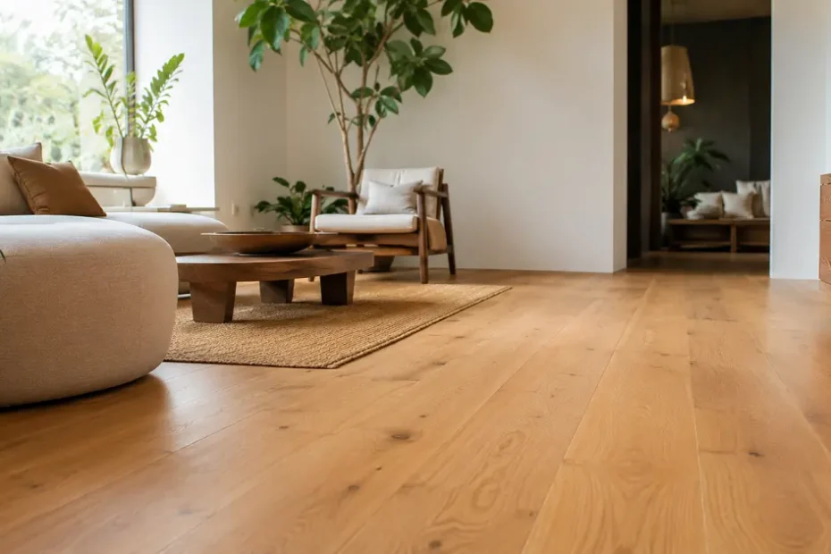 Natural cork or wood eco floor in a warm, plant-filled modern UAE interior