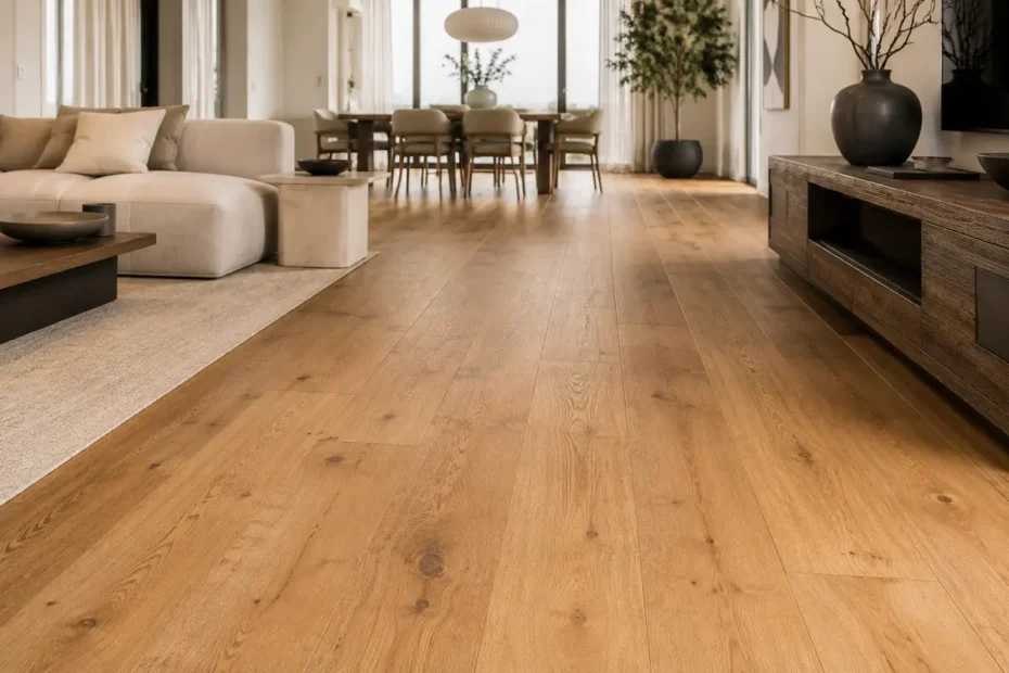 Warm real wood plank floor in a modern UAE living space
