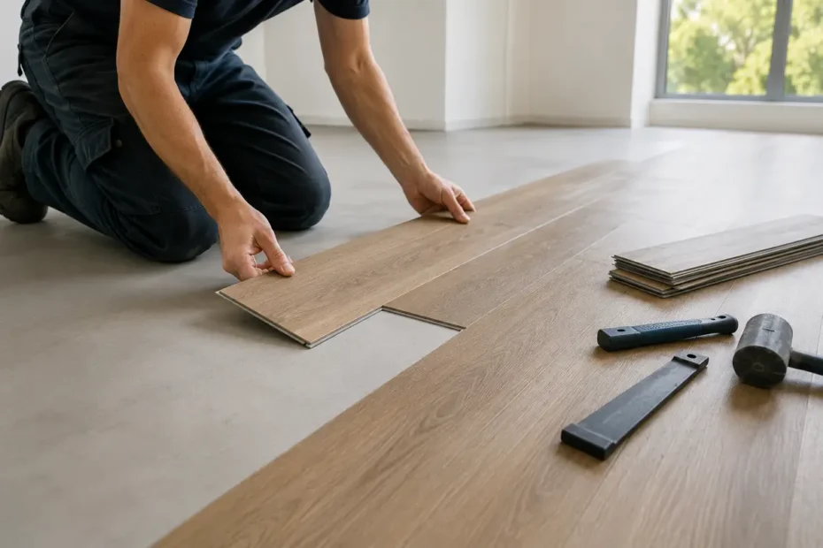 A professional flooring fitter installing a click floor over a prepared subfloor