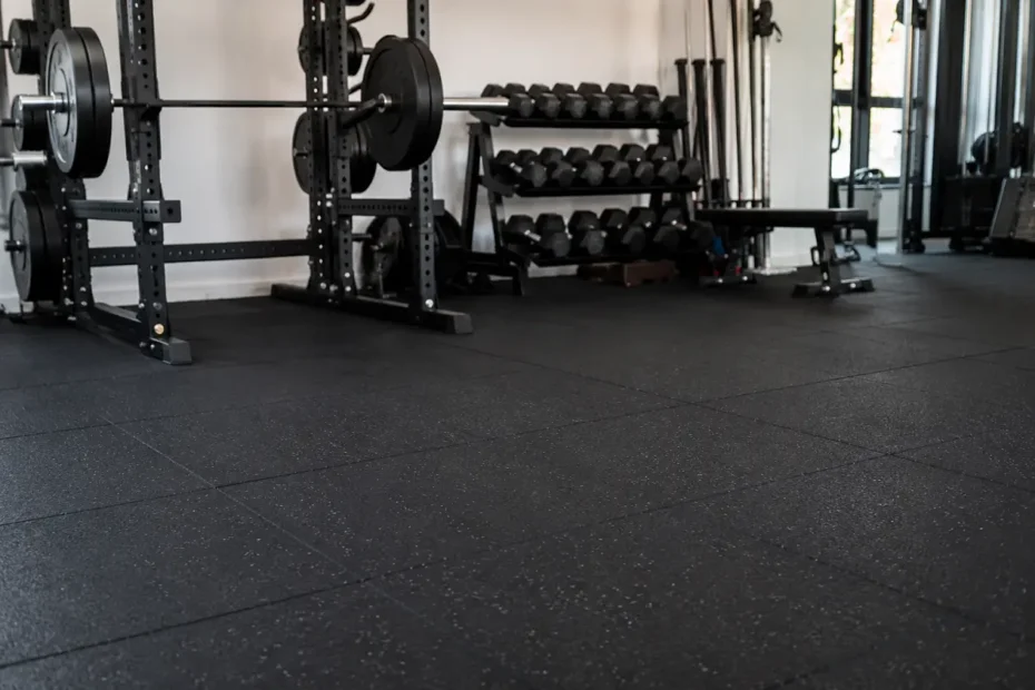 A home or commercial gym with a dark rubber floor, rack and free weights