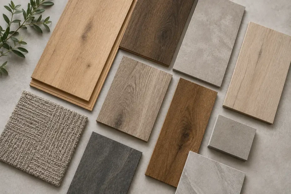A range of flooring samples, wood-look, stone-look, carpet and resin, laid out for comparison