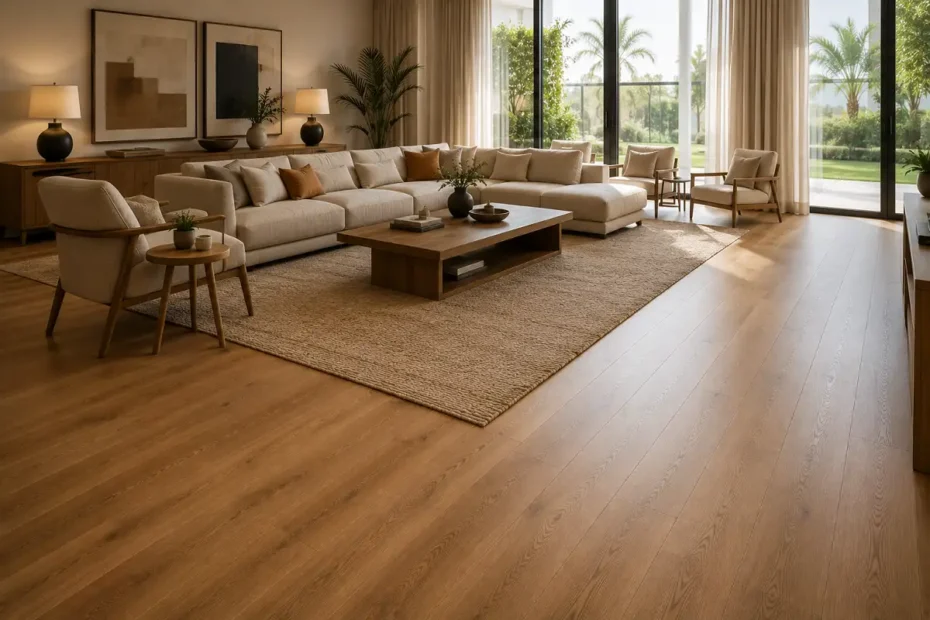 An elegant UAE living room with a warm engineered wood floor and a large rug