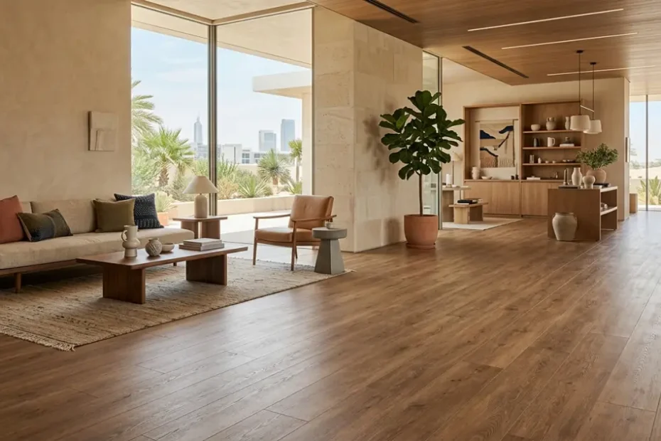Realistic wood-look LVT floor in a warm, modern UAE interior