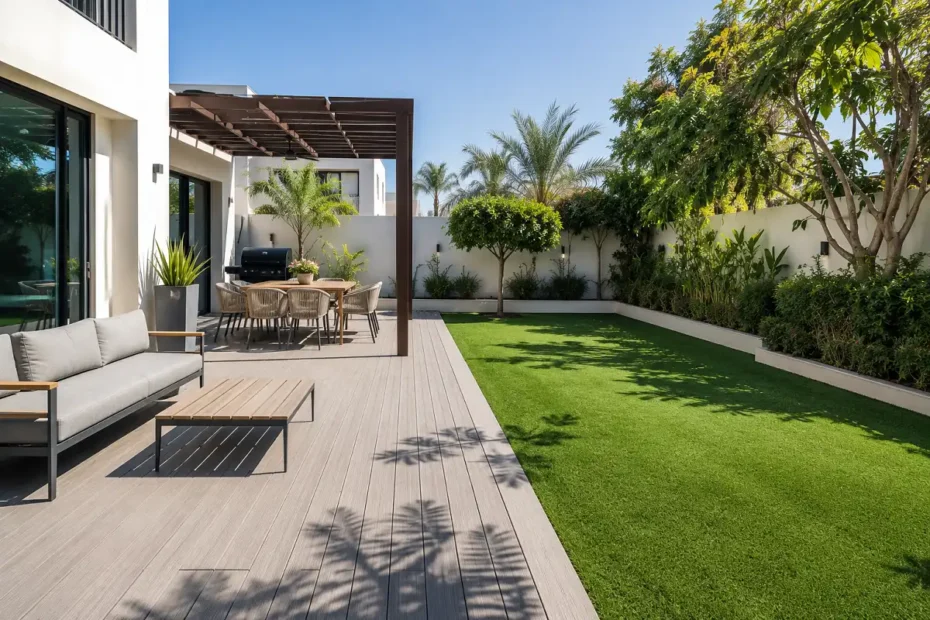 A UAE villa garden with a light composite deck terrace beside an artificial-grass lawn