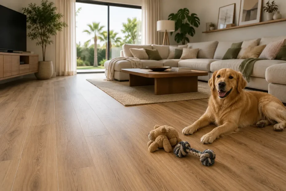 A dog resting on a warm wood-look vinyl floor in a bright, family UAE home
