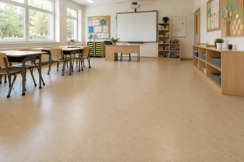 A bright, modern classroom with a durable, low-VOC safety-vinyl or linoleum floor
