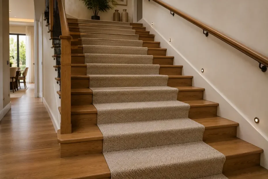 A carpet runner down a wood staircase, showing grip in the middle and wood at the edges