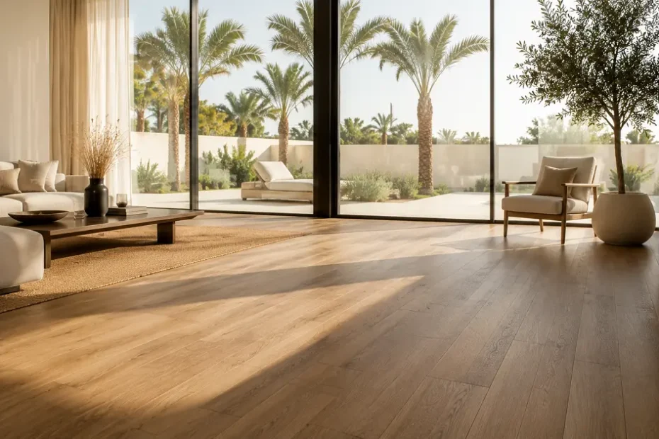 Stable wood-look vinyl floor in a sun-flooded, glazed modern UAE living room