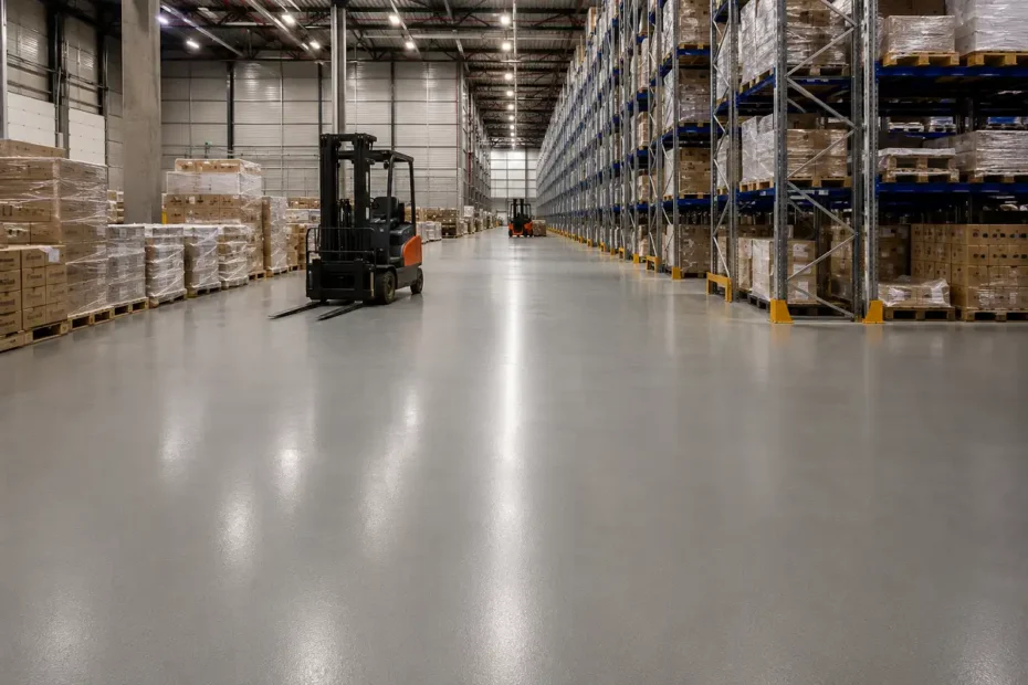 A large warehouse with a poured resin floor, high racking and a forklift