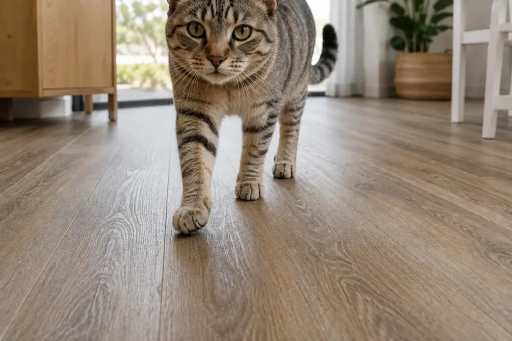 A cat standing confidently with sure footing on a textured matte vinyl floor