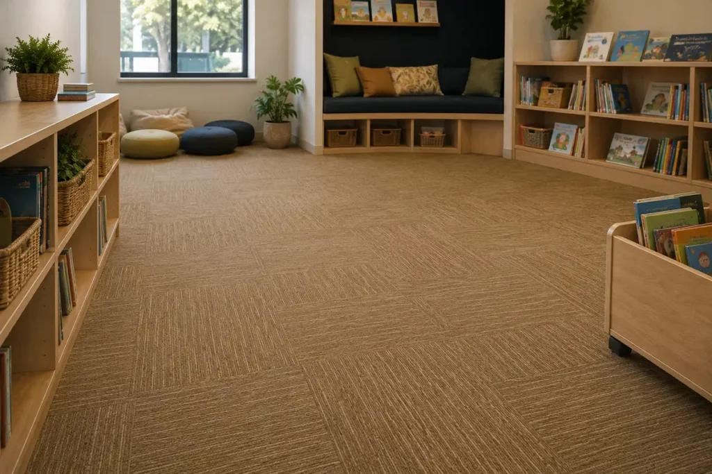 A quiet classroom reading corner with soft, sound-absorbing carpet tiles