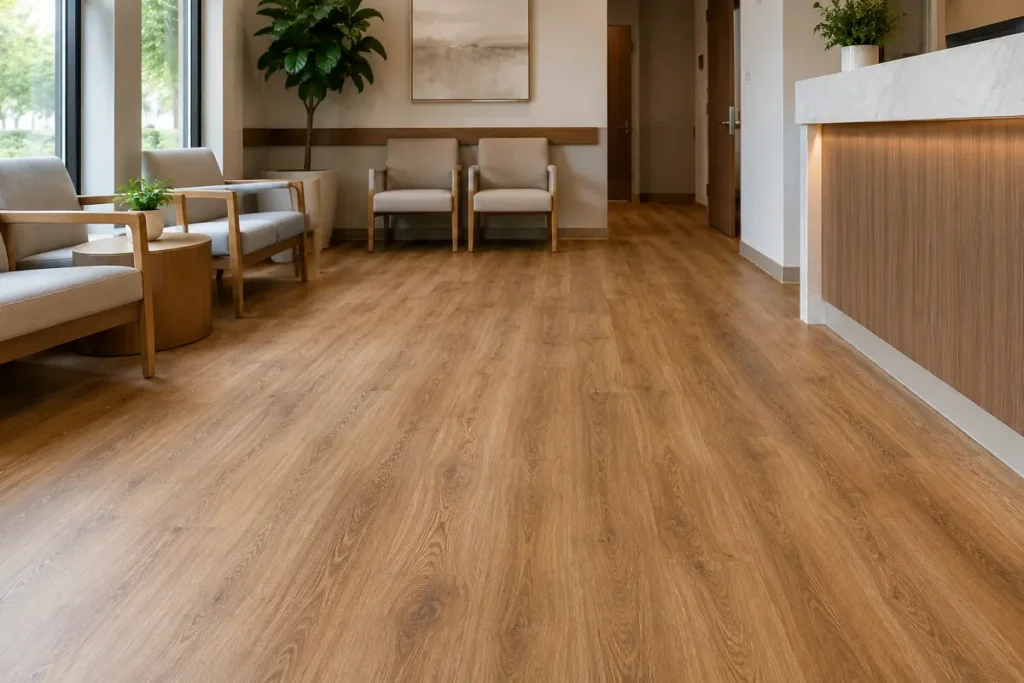 A warm, welcoming clinic waiting room with wood-look LVT flooring