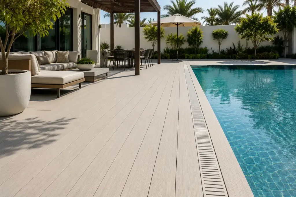 A light, textured composite deck around a villa pool, specified slip-safe and