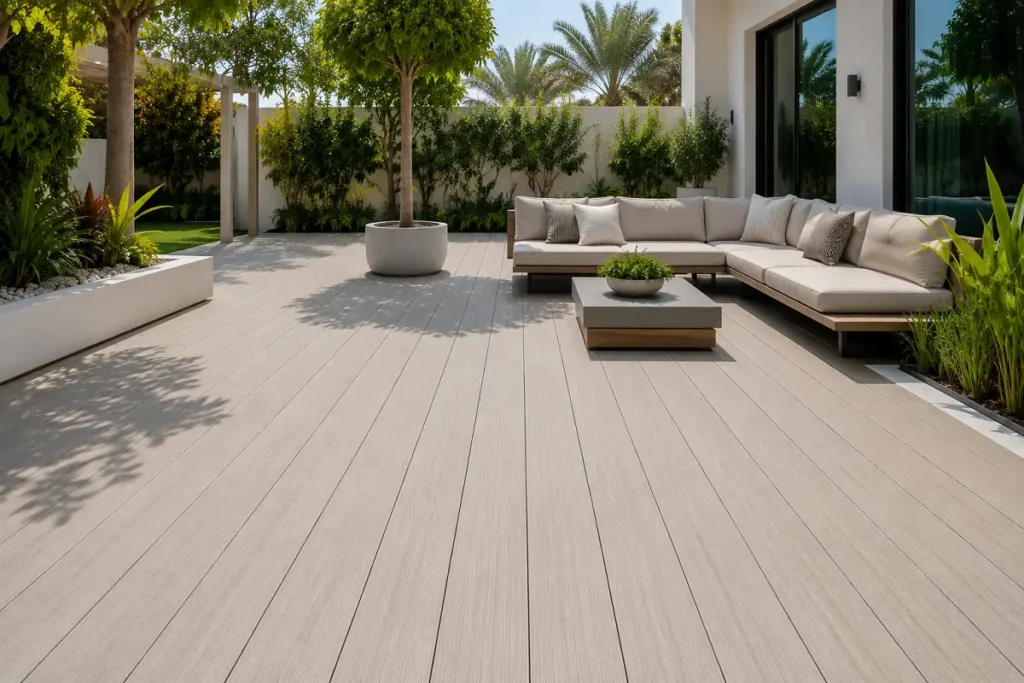 A light-toned composite WPC deck terrace with outdoor seating in a UAE garden