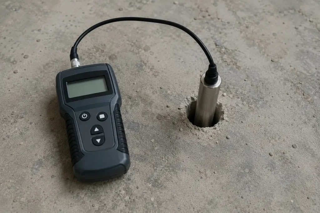 A relative-humidity probe set into a concrete slab to test it for moisture before fitting