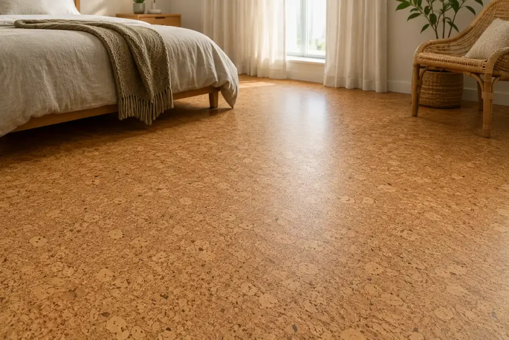 Warm cork floor with its granular texture in a calm, cosy bedroom