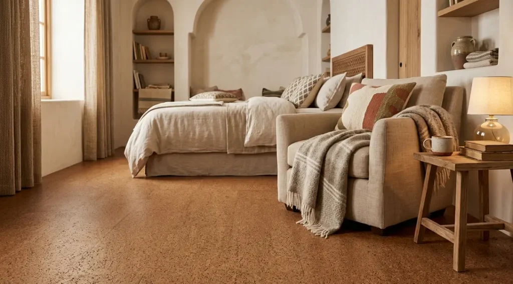 Soft, warm cork floor with its granular texture in a calm UAE bedroom