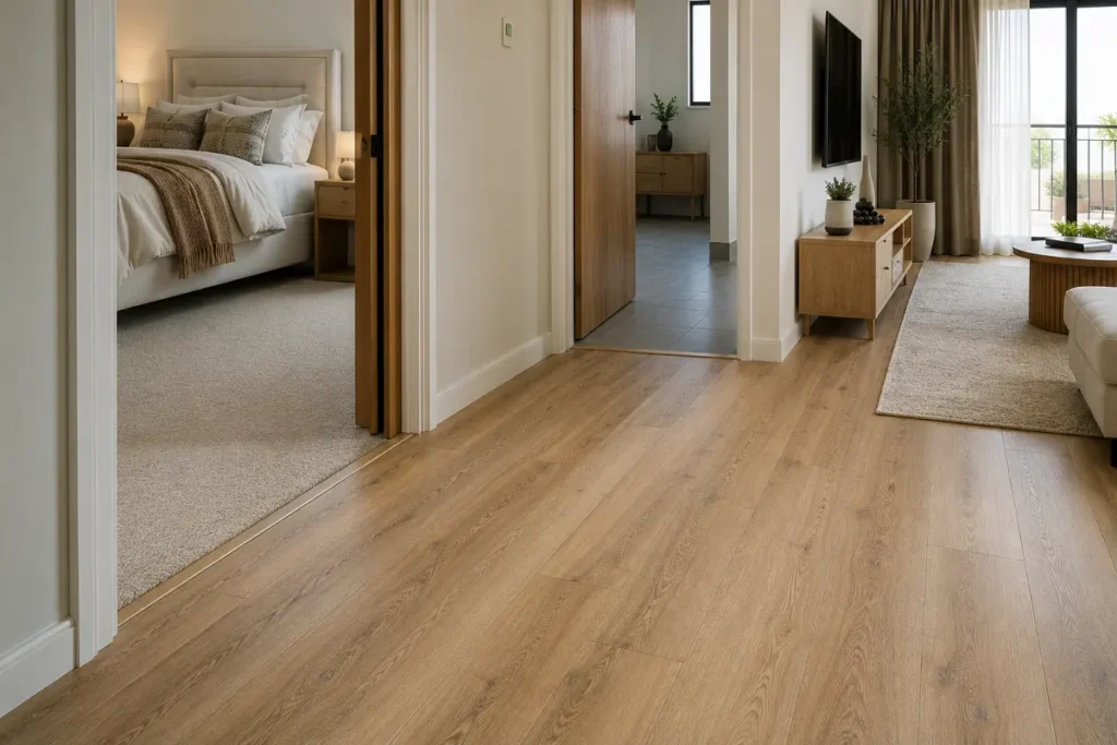 A home using different floors by zone: wood-look vinyl living area into a carpeted bedroom