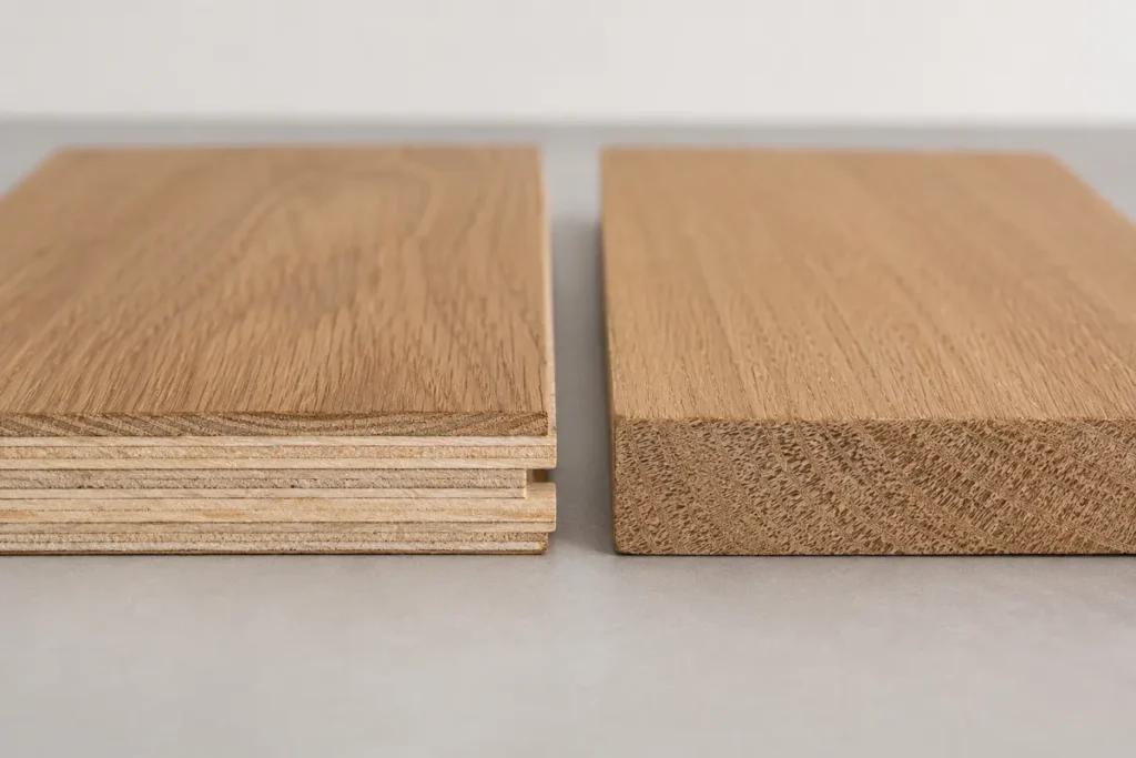 Engineered board with a hardwood top over a plywood core, beside a solid wood board