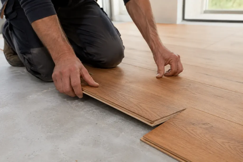 Engineered wood planks being laid over a concrete screed subfloor