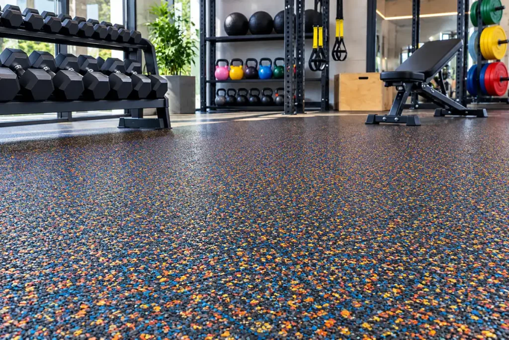 A coloured EPDM rubber-granule floor in a bright, premium gym or activity area