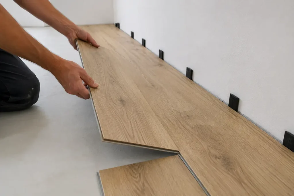 Click flooring being locked together with spacers leaving an expansion gap at the wall