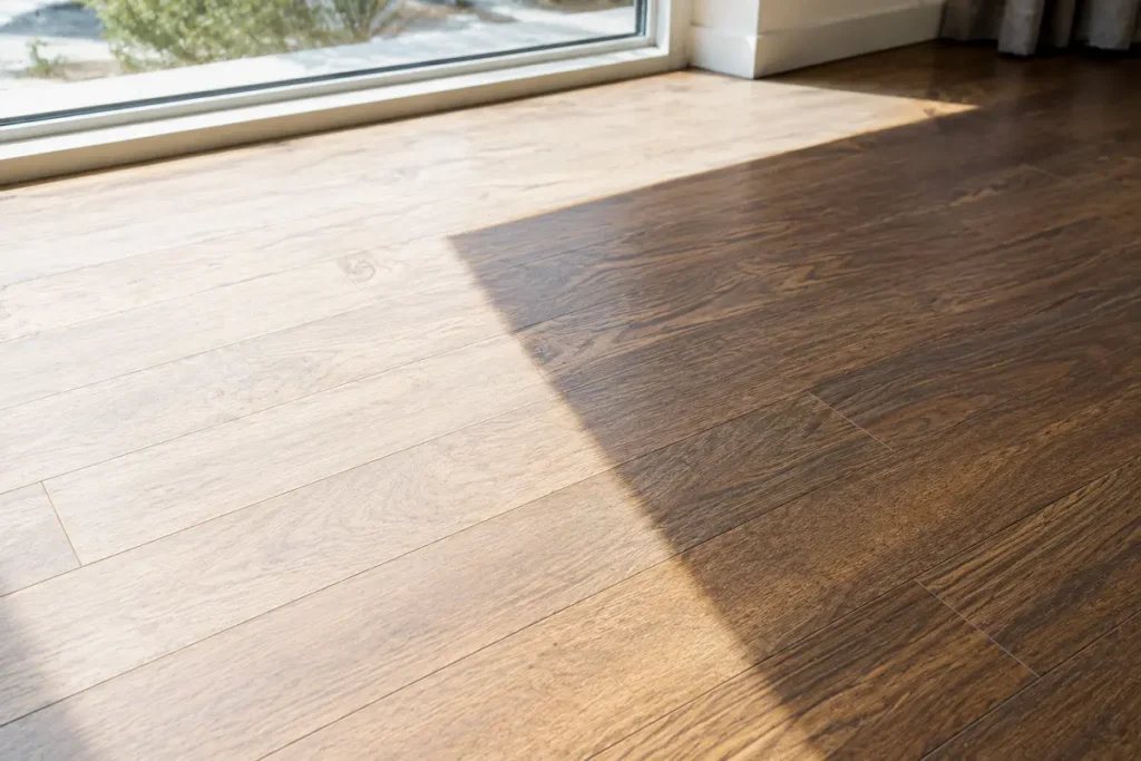 A wood floor showing a sun-faded line where light hits, darker where shaded