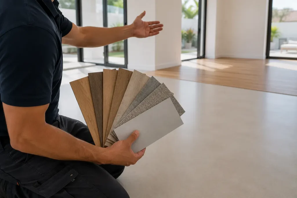 A flooring specialist advising with a fan of material samples during a home visit