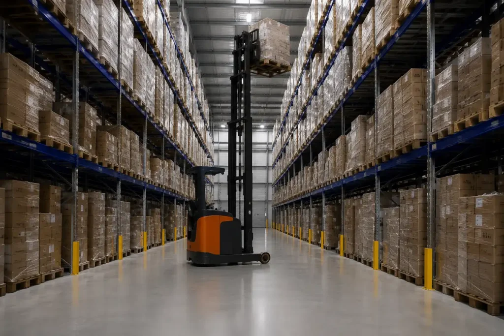 A forklift operating in a narrow aisle between tall high-bay racking on a flat