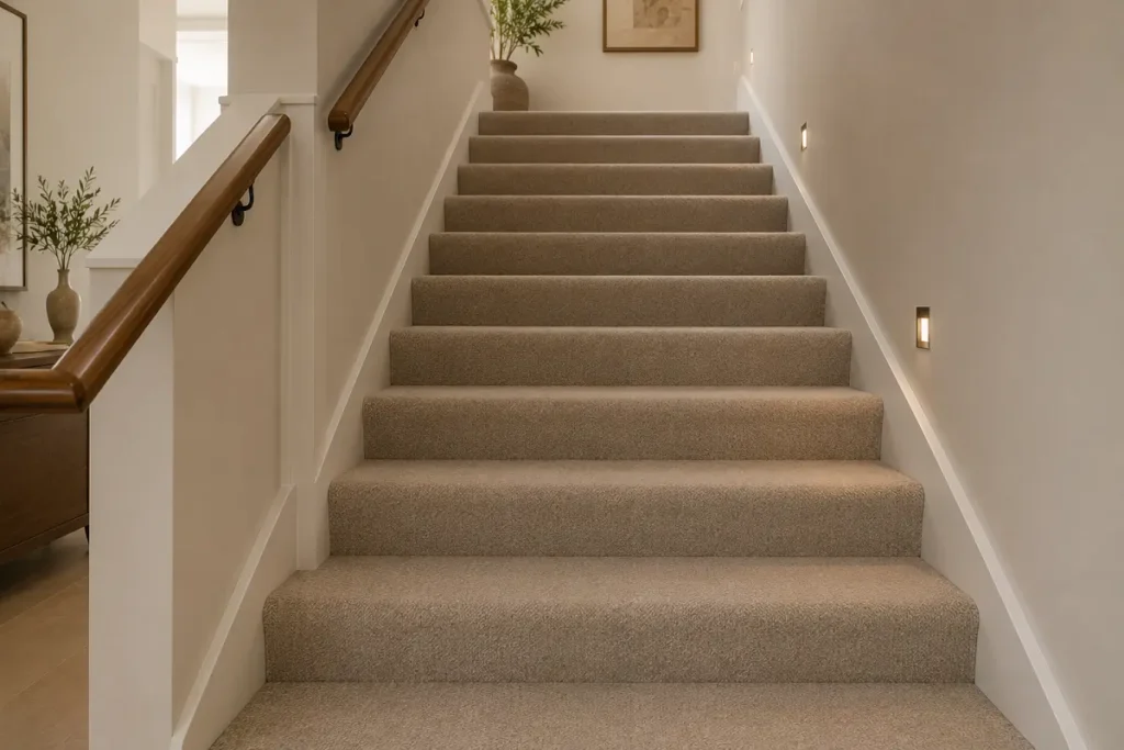 A fully carpeted staircase in a low-pile, dense carpet for grip and safety