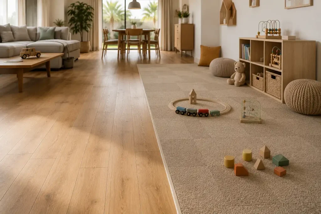 Wood-look vinyl living floor meeting a soft carpet-tile play zone in a home