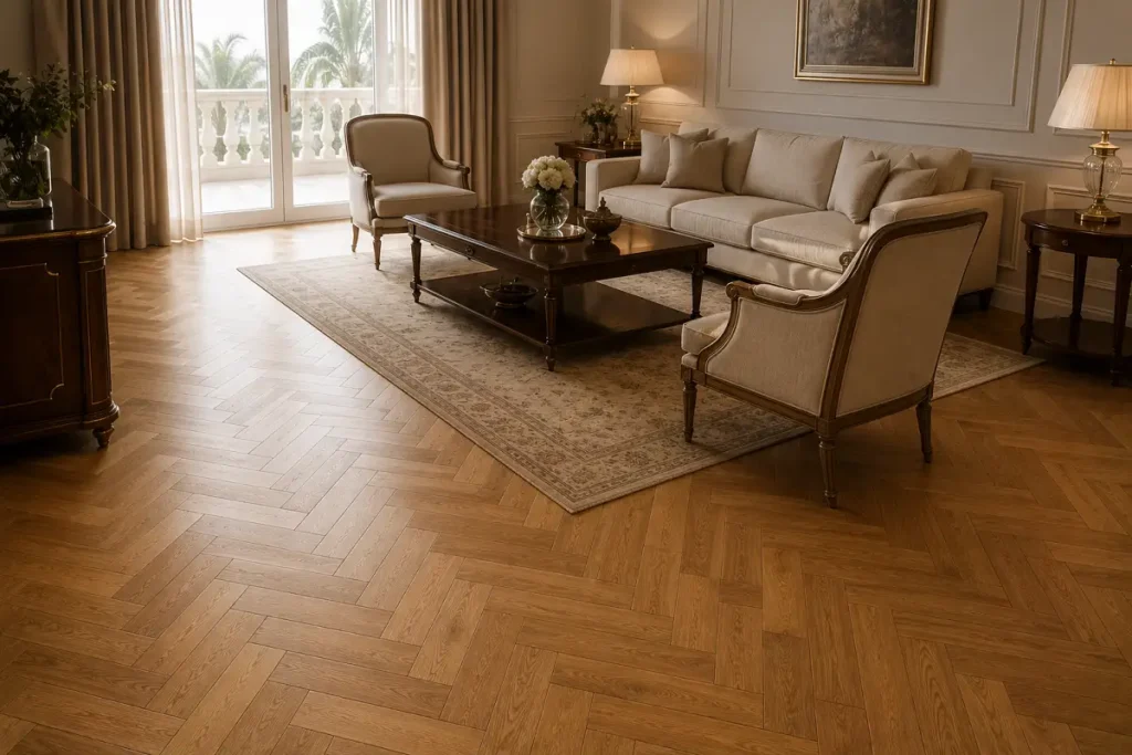 A formal living room with a classic herringbone parquet wood floor