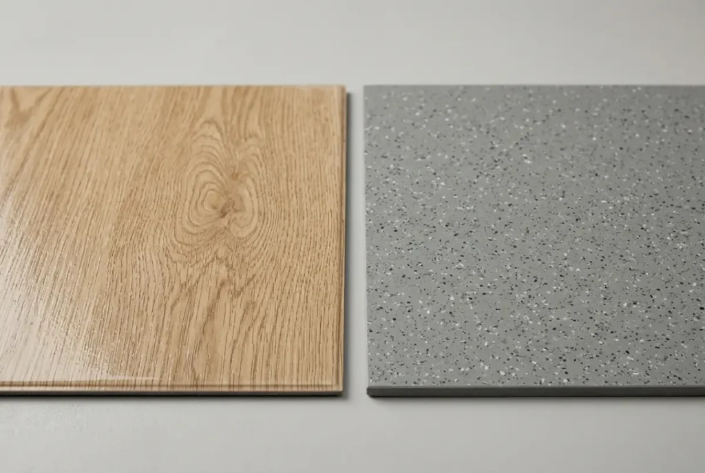 A realistic wood-look LVT tile beside a speckled colour-through VCT tile