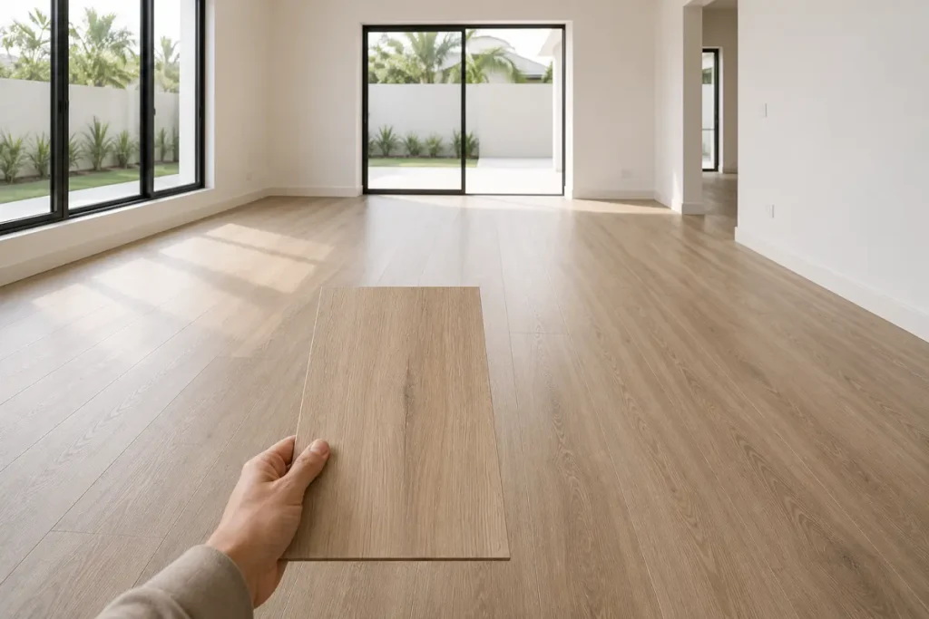 A floor sample held against a bright living room to judge how it suits the space