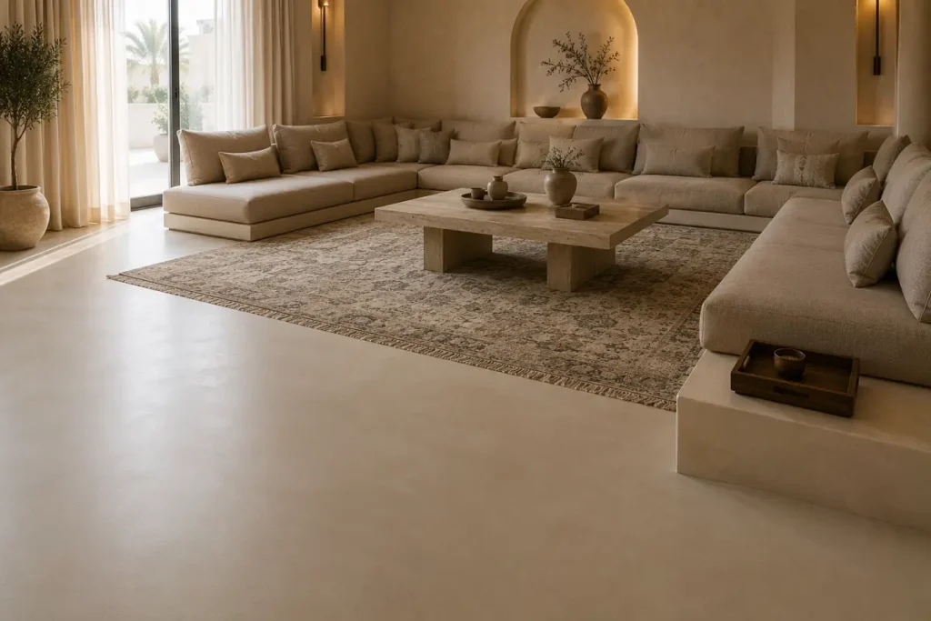 A modern majlis with a poured microcement floor, low sofas and a single statement rug