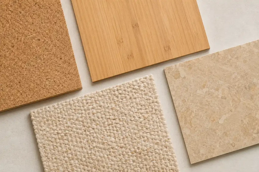 Natural flooring samples: cork, bamboo, linoleum and wool laid side by side