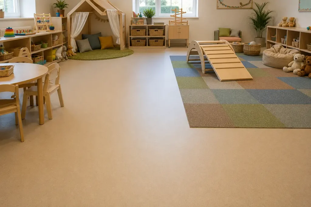 A warm, soft nursery play area with cushioned vinyl and colourful carpet tiles