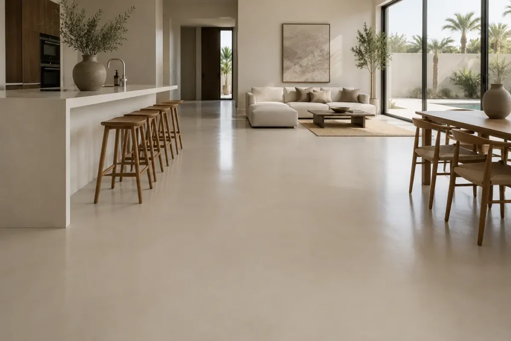 A jointless poured resin floor in a bright, hard-use UAE interior