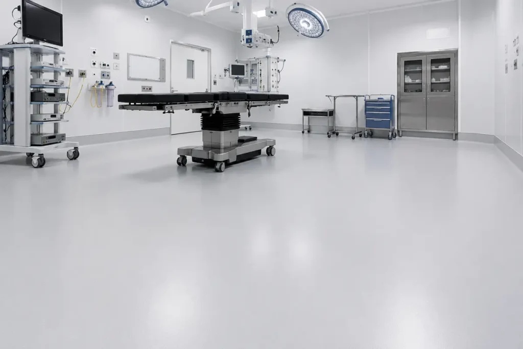 A monolithic poured resin floor in a clean laboratory or operating theatre