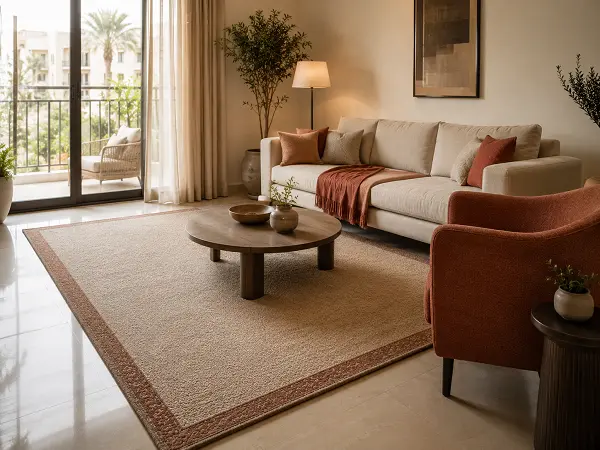 Rug softening hard flooring in a Dubai home living room