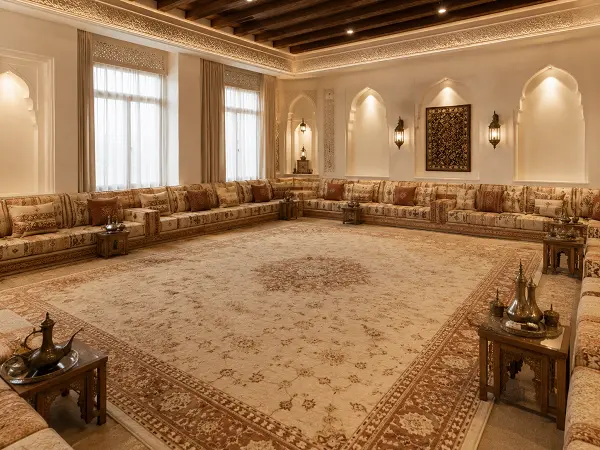 Rug sized inside the perimeter seating of a majlis room
