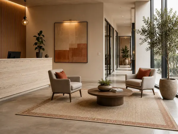 Rug adding definition to an office reception area