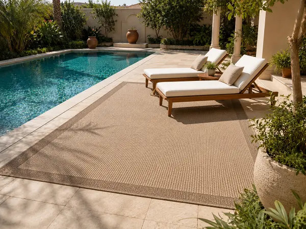 Weather-resistant rug beside a pool and garden area